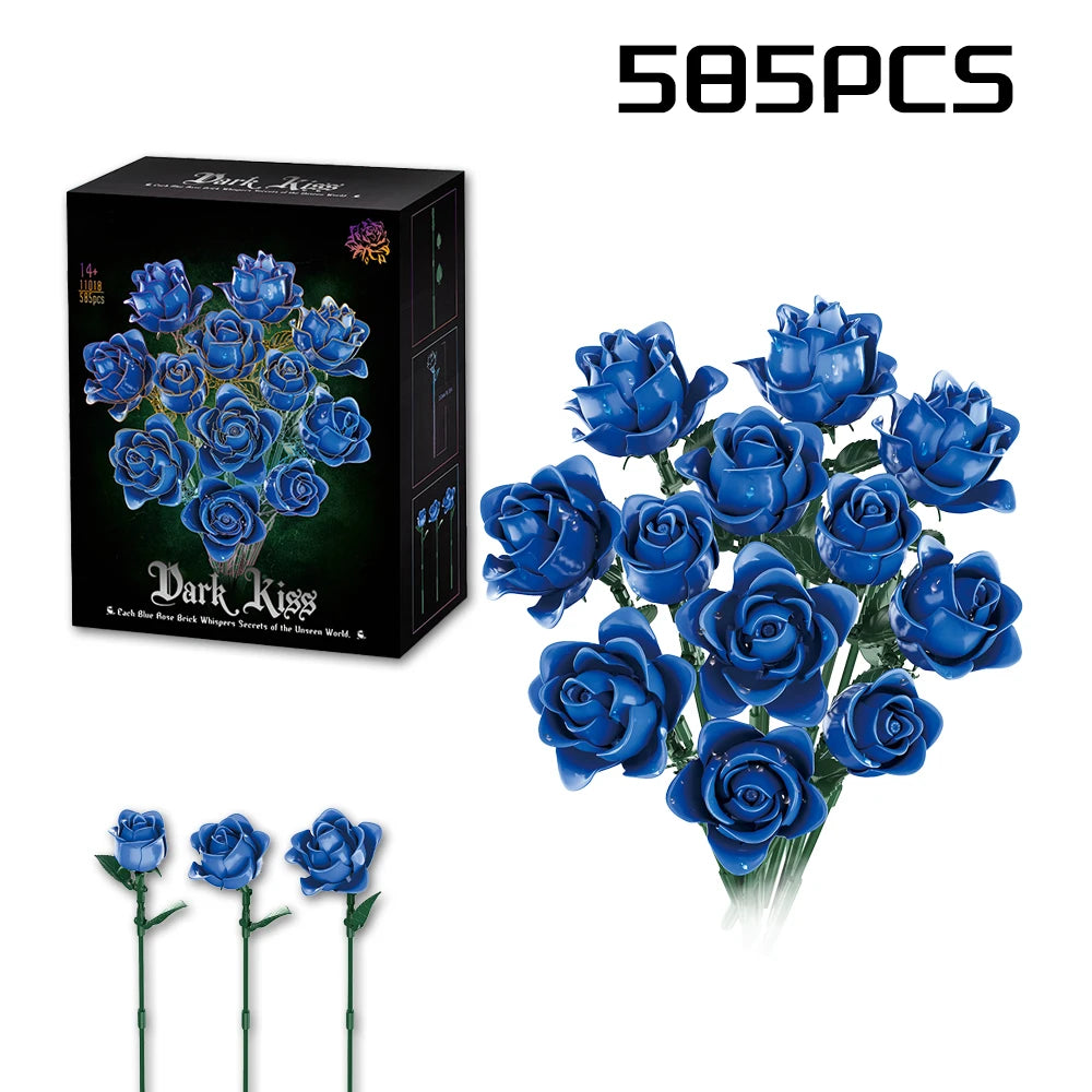 Elegant Blue Roses Bouquet Eternal Building Blocks 585 PCS Valentine's Day Girlfriend DIY Gift MOC Home Decor Ornaments Kids Toy