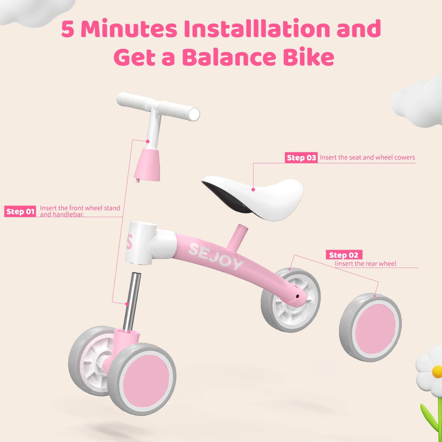 Sejoy Baby Balance Bike for 12-36 Month Toddler Riding Toy 4 Wheels Toddler First Bike,Birthday Gifts Boys Girls,Green/Pink