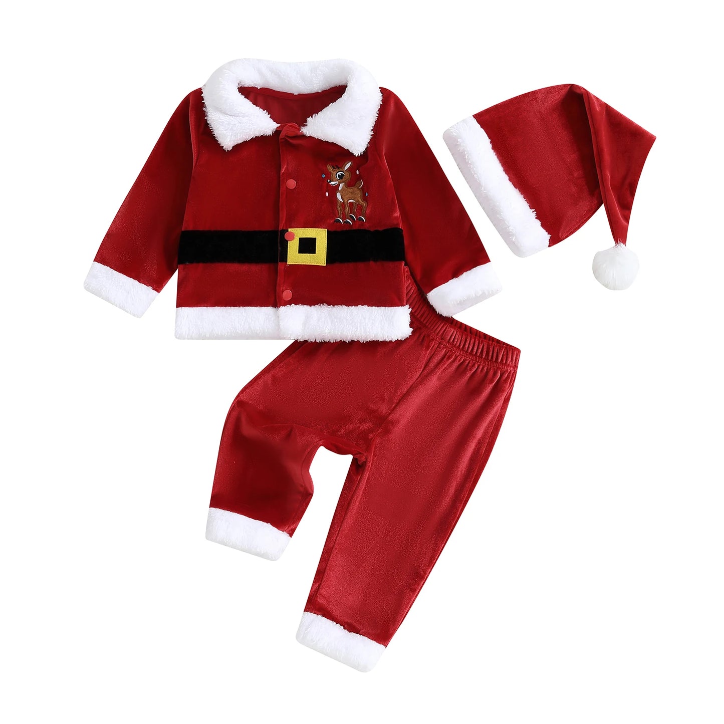 Children s Christmas Santa Velvet Outfit with Reindeer Design Long Sleeve Collar Coat Elastic Waist Pants and Matching Hat -