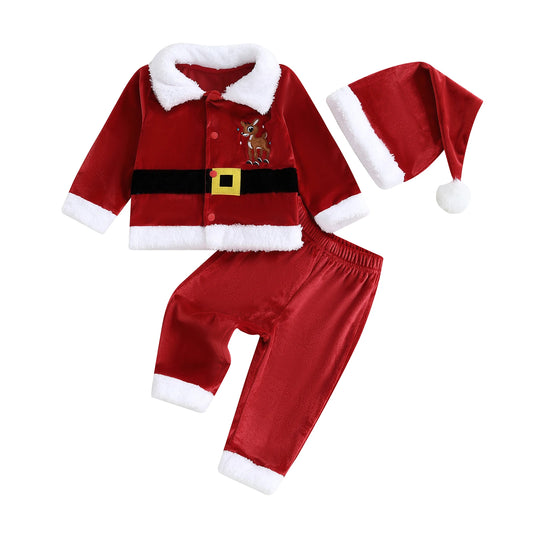 Children s Christmas Santa Velvet Outfit with Reindeer Design Long Sleeve Collar Coat Elastic Waist Pants and Matching Hat -
