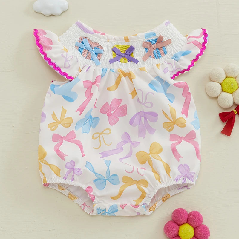 Toddler Girl Floral Print Sleeveless Romper with Ruffle Detail and Bow Accent Round Neck Smocked Bodysuit Little Princess