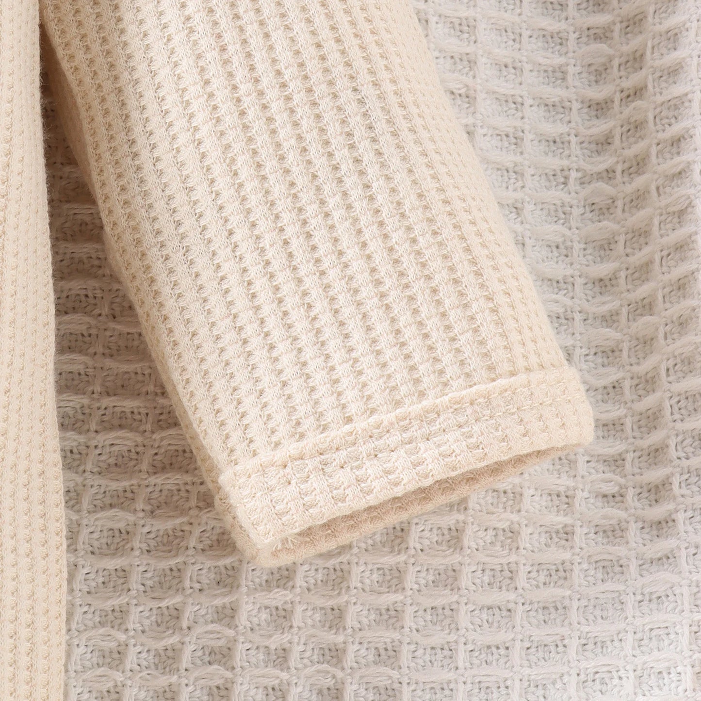 2PCS Autumn New Style 0-1 Year Old Girl Baby Sweet And Cute Solid Color Flying Sleeve Waffle Long-Sleeved Jumpsuit + Hair Band