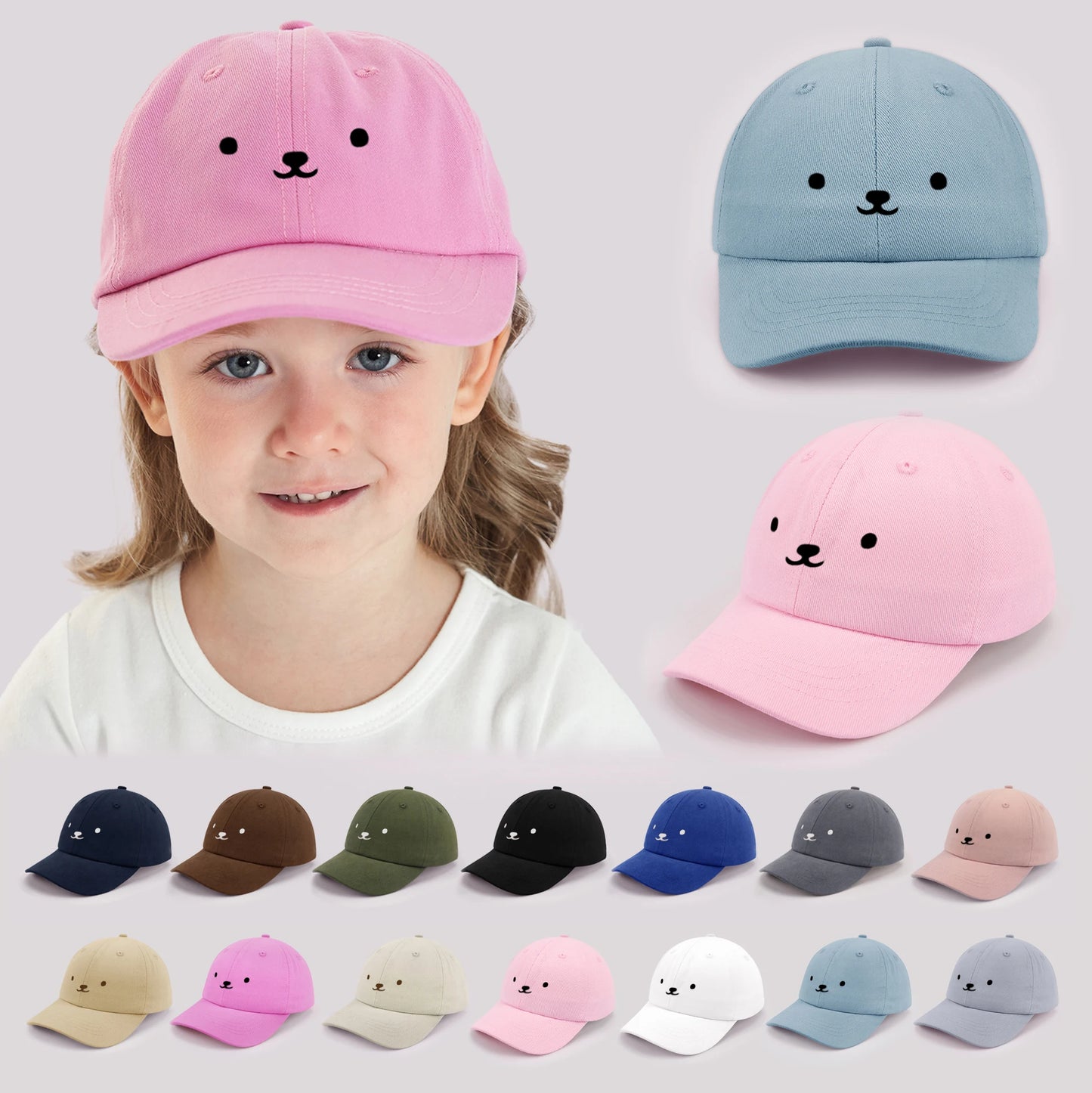 Cartoon Bear Baby Baseball Cap Cute Solid Color Toddler Sun Hat with Ears Summer Adjustable Kids Boy Girl Peaked Cap