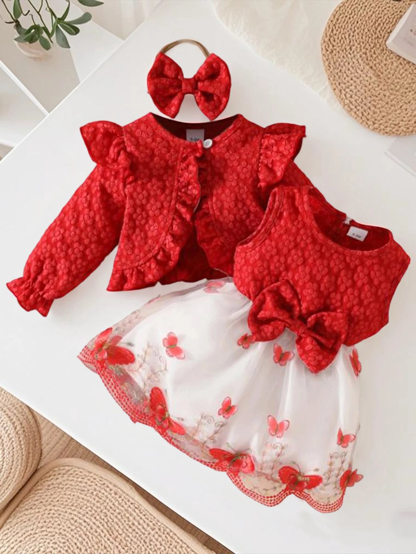 Baby Girl Autumn Outfits Floral Print Ruffle Sleeve Romper Long Sleeve Cardigan Bow Headband 3Pcs Clothing Set