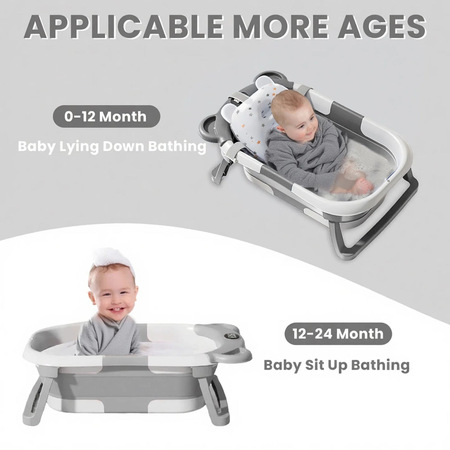 Portable Travel Bathtub, Collapsible Baby Bathtub, with Thermometer &1Soft Floating Cushion, with Drain Hole,For Baby 0-36 Month