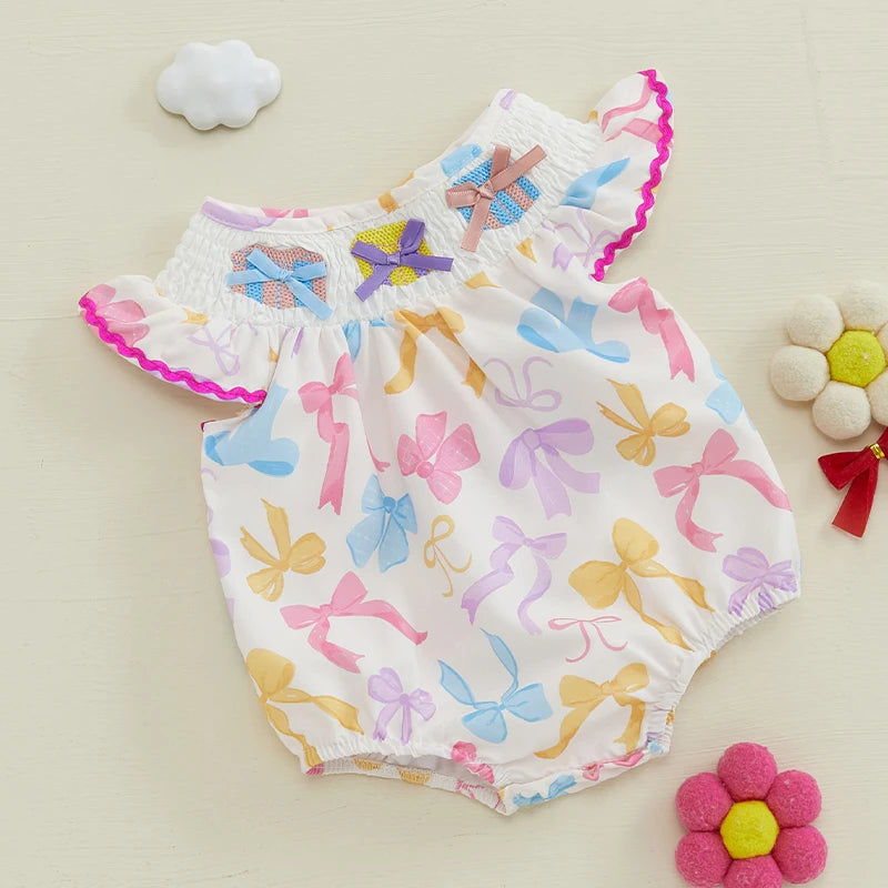 Toddler Girl Floral Print Sleeveless Romper with Ruffle Detail and Bow Accent Round Neck Smocked Bodysuit Little Princess