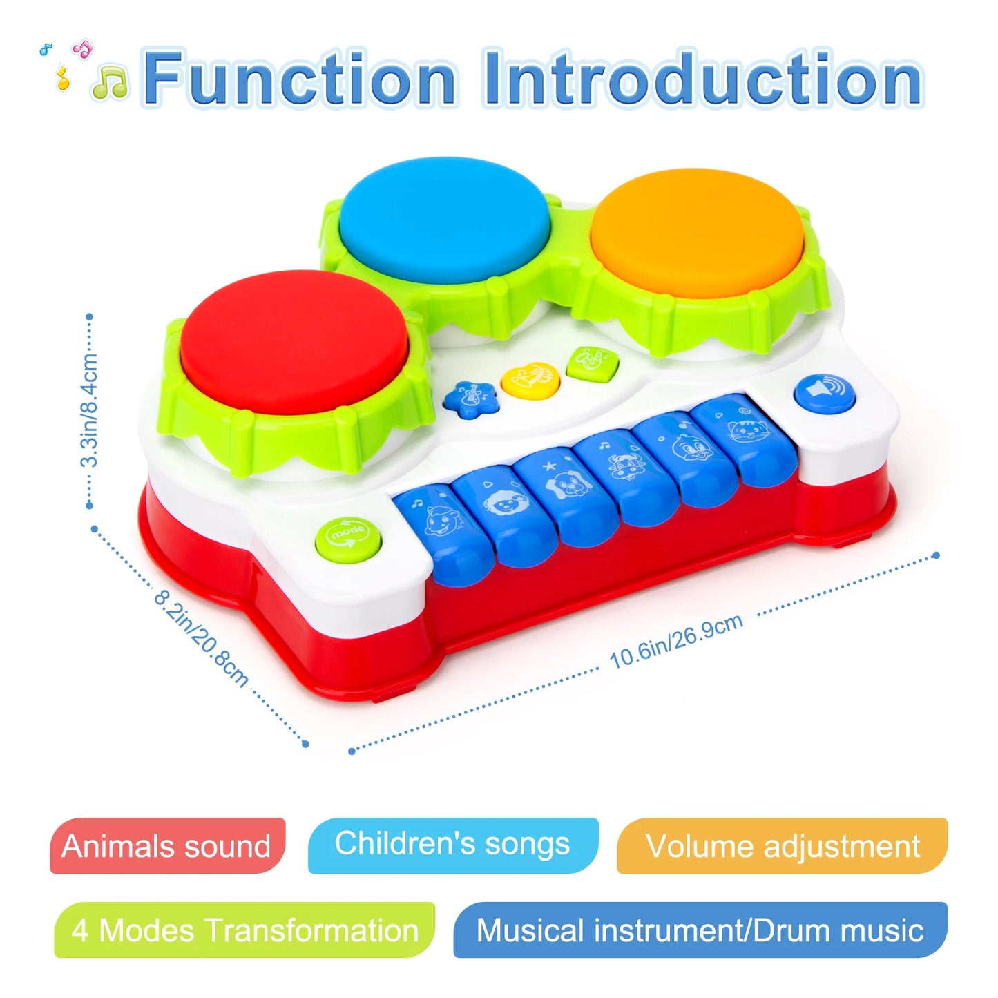 Children's Three-Sided Drum Electronic Keyboard Toy, Switchable in 4 Modes, Suitable for Toddler Play/Parent-Kids Interaction/Pu