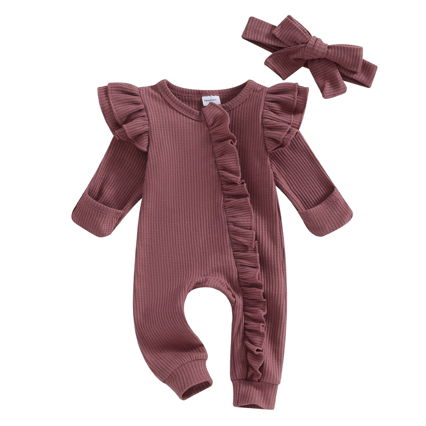 Pudcoco Infant Baby Girl Autumn Jumpsuit Solid Color Round Neck Flying Sleeve Ruffled Zipper Romper with Bow Headband 0-12M