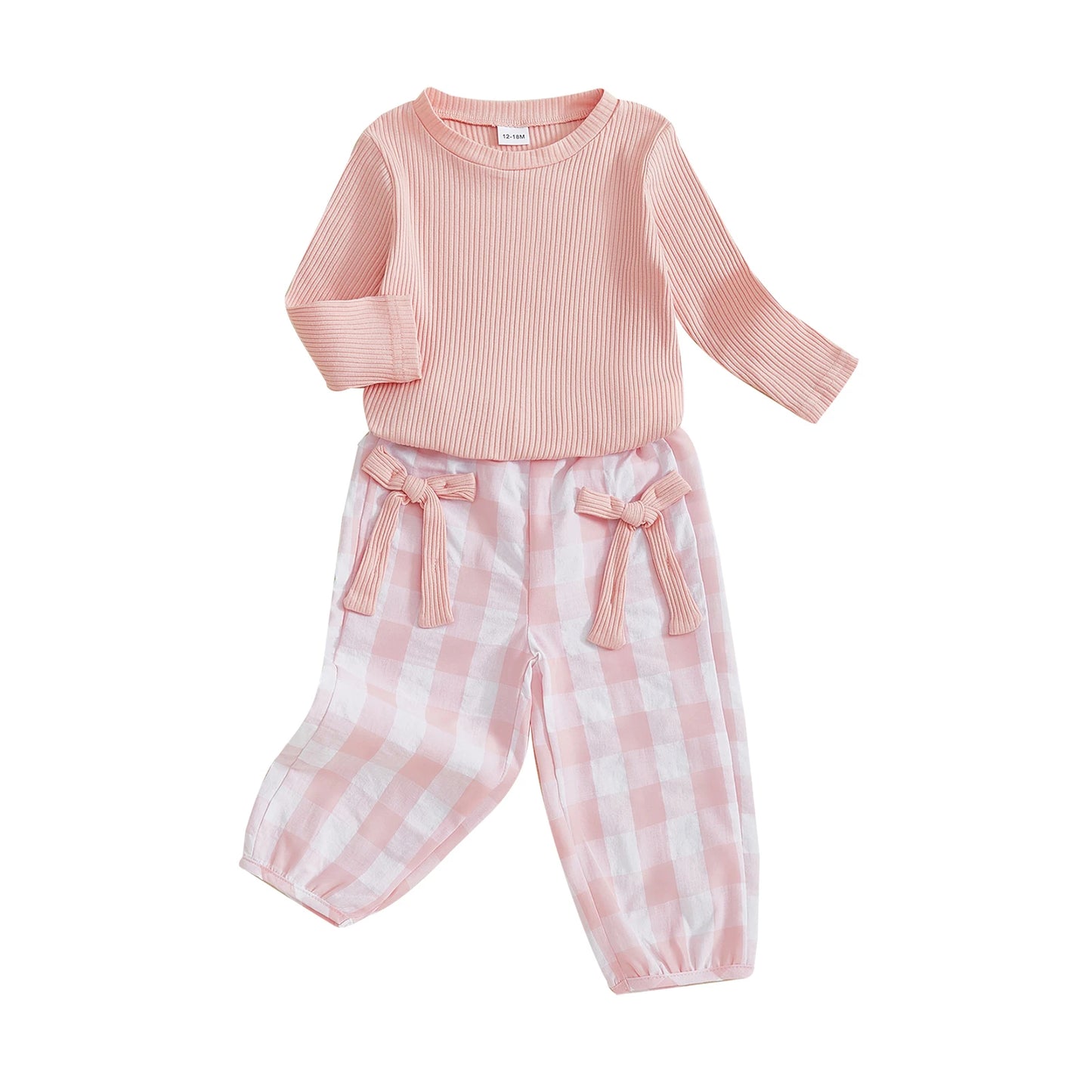 Adorable Baby Girl Autumn Ensemble Cozy Ribbed Sweater and Plaid Pants with Cute Bow Details - 2 Piece Set for Toddlers