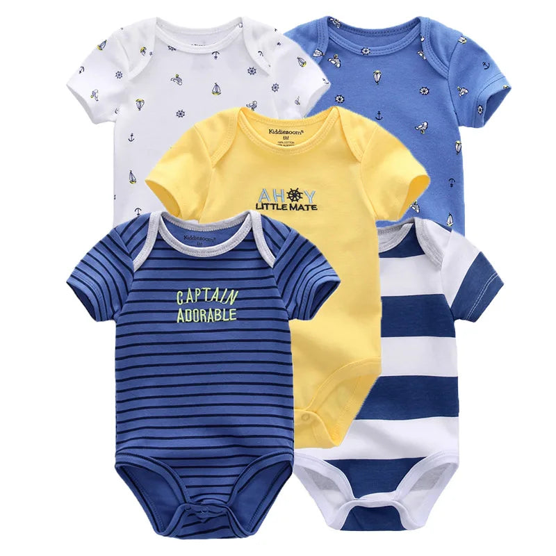 Kiddiezoom Summer 5 Piece Fashion Cartoon Boys and Girls Bodysuits 100% Cotton Soft Newborn Bodysuit Set