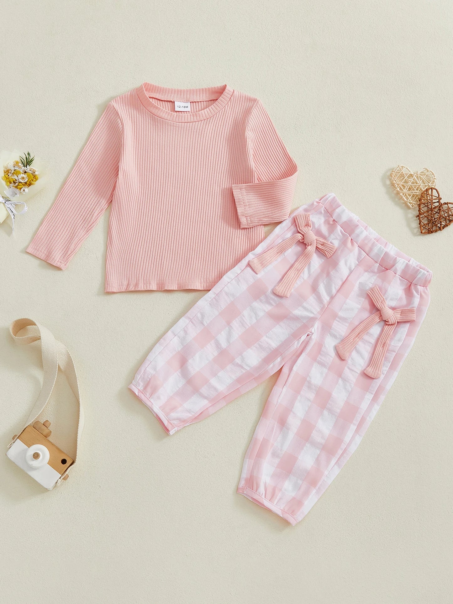 Adorable Baby Girl Autumn Ensemble Cozy Ribbed Sweater and Plaid Pants with Cute Bow Details - 2 Piece Set for Toddlers