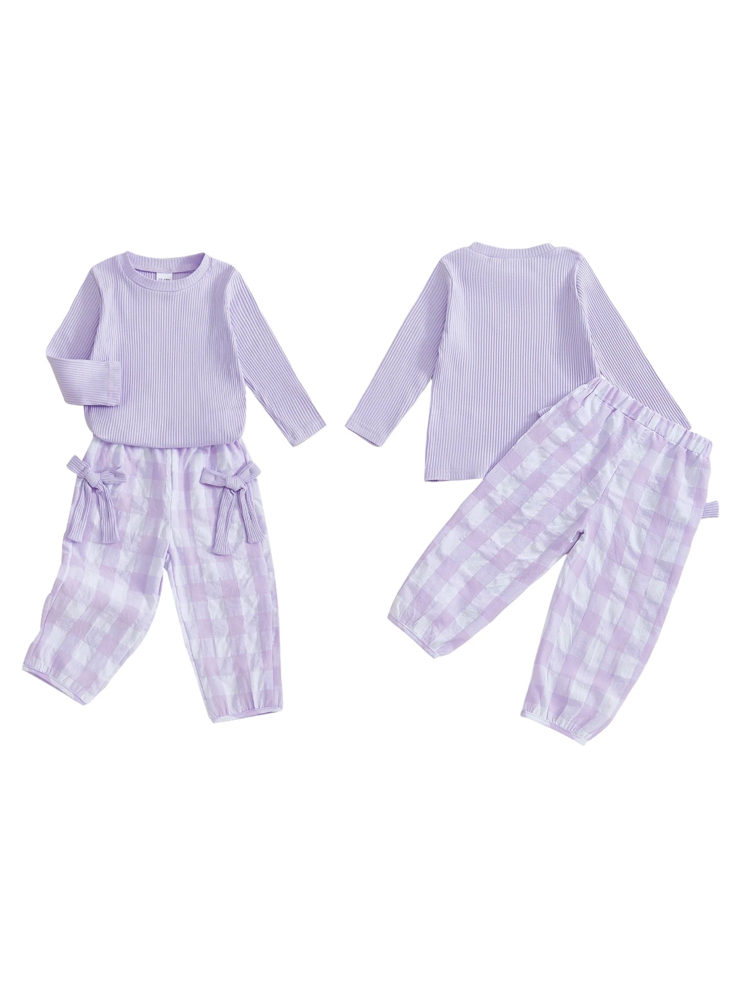 Adorable Baby Girl Autumn Ensemble Cozy Ribbed Sweater and Plaid Pants with Cute Bow Details - 2 Piece Set for Toddlers