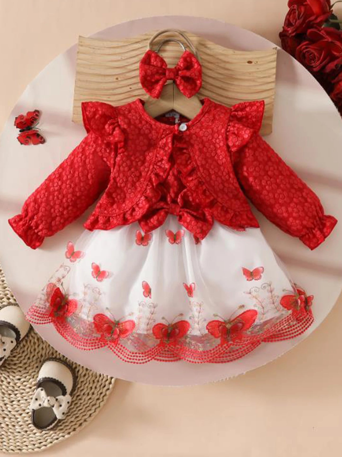 Baby Girl Autumn Outfits Floral Print Ruffle Sleeve Romper Long Sleeve Cardigan Bow Headband 3Pcs Clothing Set