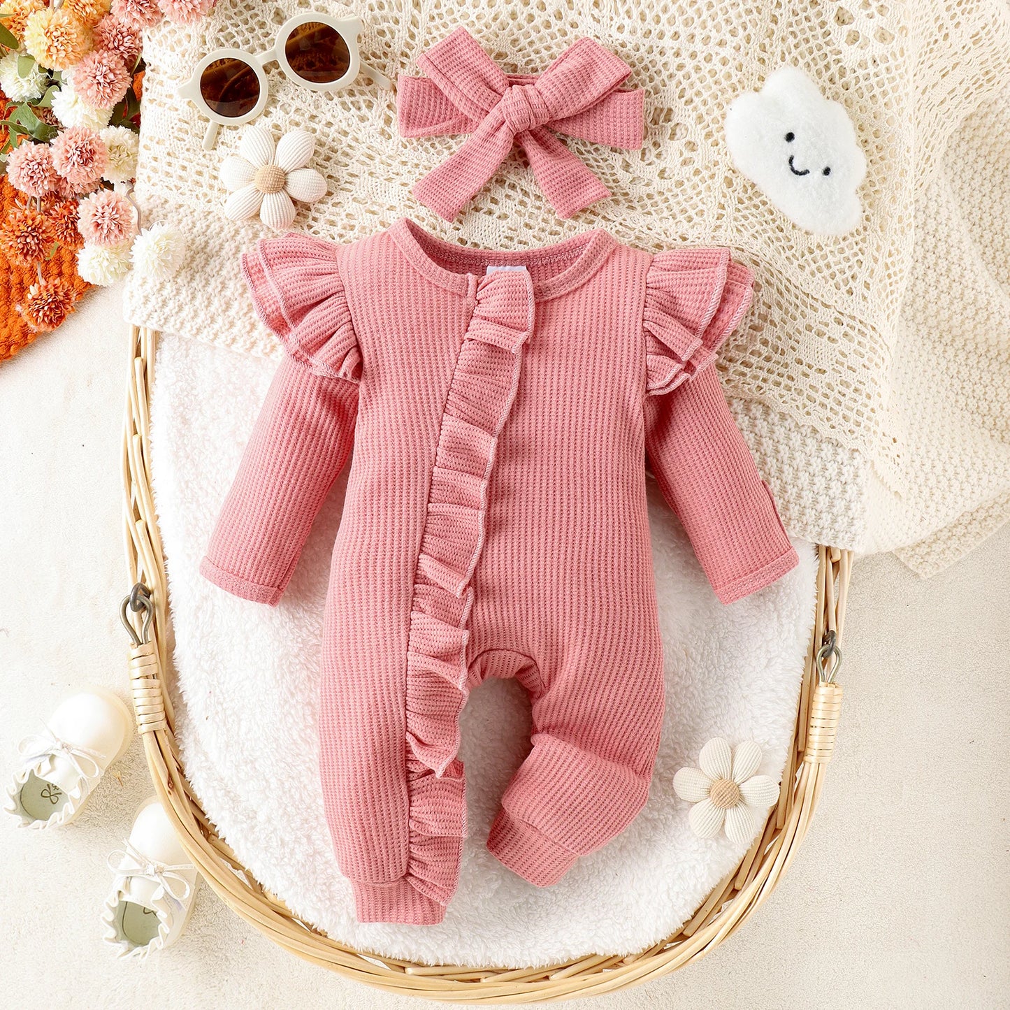 2PCS Autumn New Style 0-1 Year Old Girl Baby Sweet And Cute Solid Color Flying Sleeve Waffle Long-Sleeved Jumpsuit + Hair Band