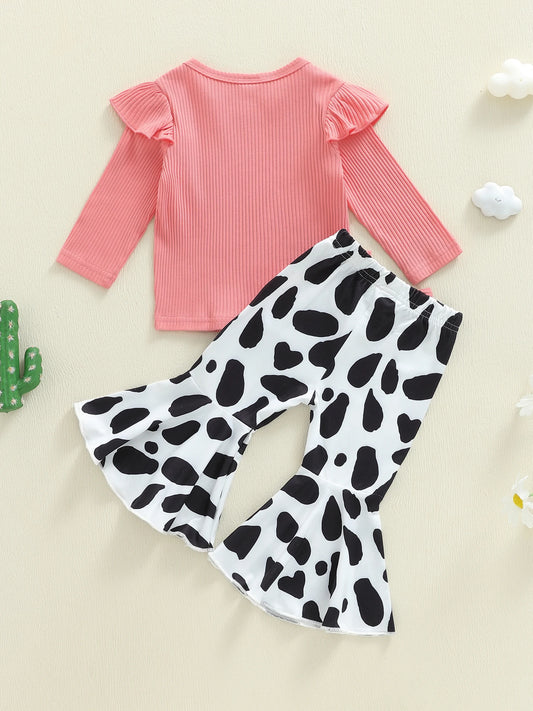 Toddler Girl Fall Outfits Letter Bull Head Print Long Sleeve Round Neck Pullover Elastic Waist Cow Flare Pants 2 Pcs Set