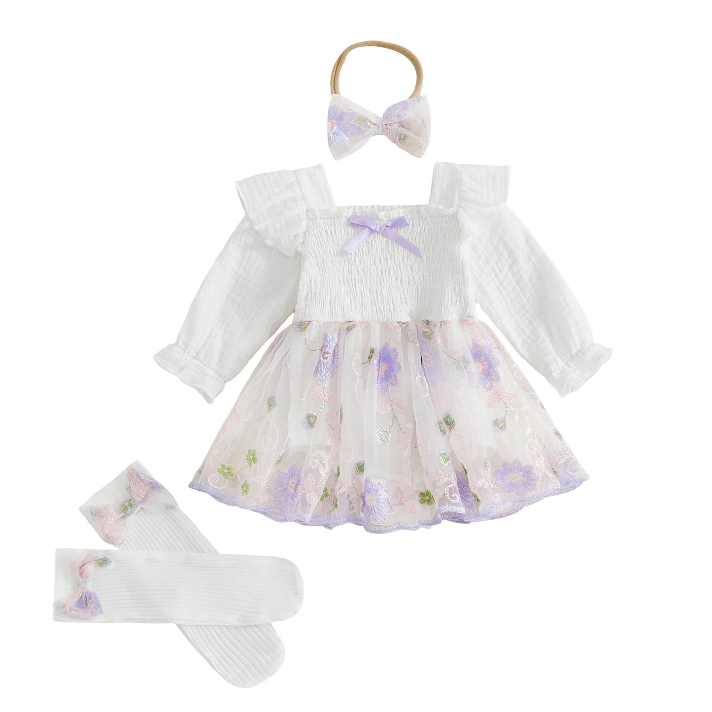 Infant With Headband Stockings Infant-Baby-Girl Romper Fashion Dress-Fashion-Flower Embroidery Infant Baby Girl
