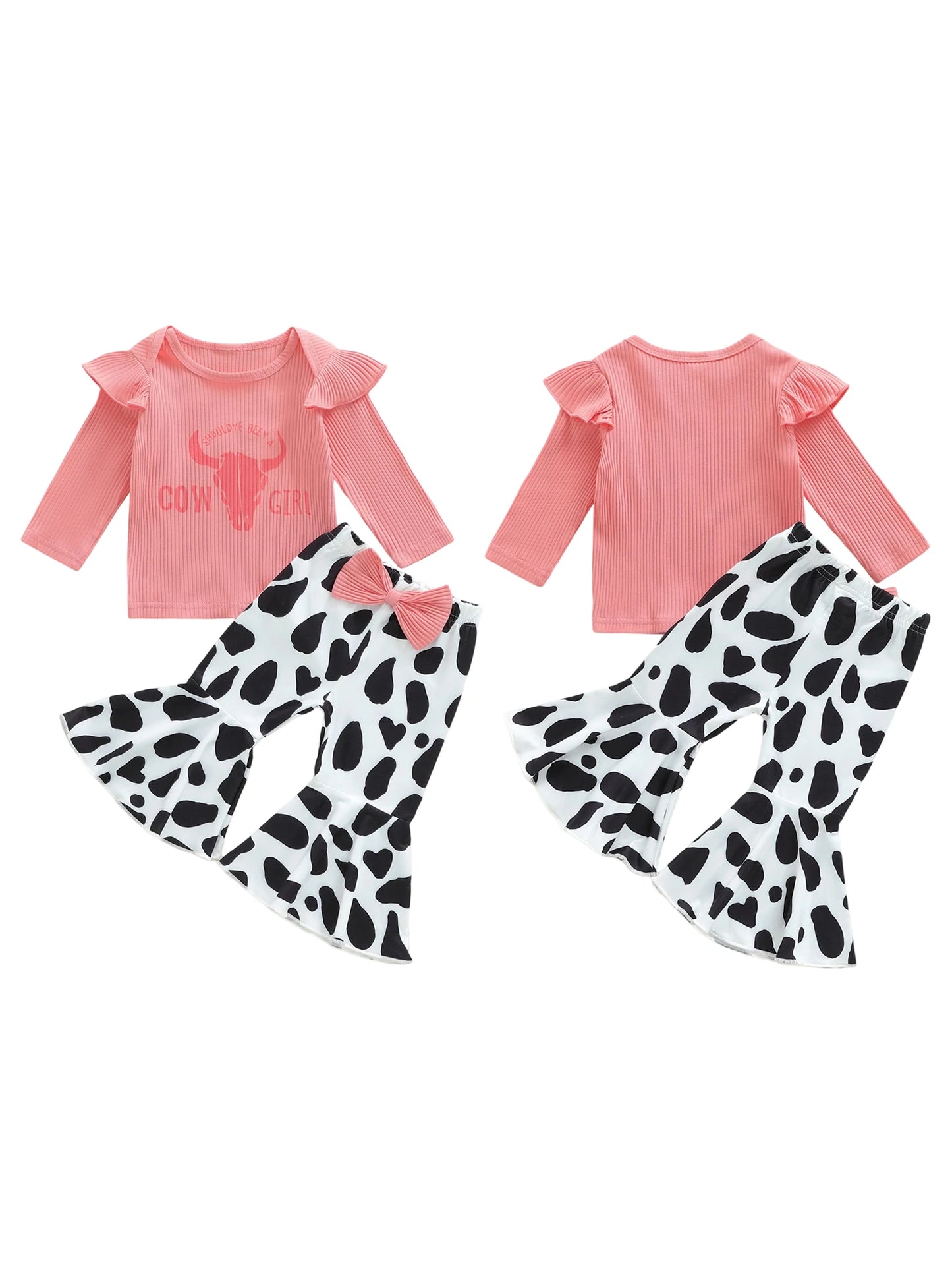 Toddler Girl Fall Outfits Letter Bull Head Print Long Sleeve Round Neck Pullover Elastic Waist Cow Flare Pants 2 Pcs Set