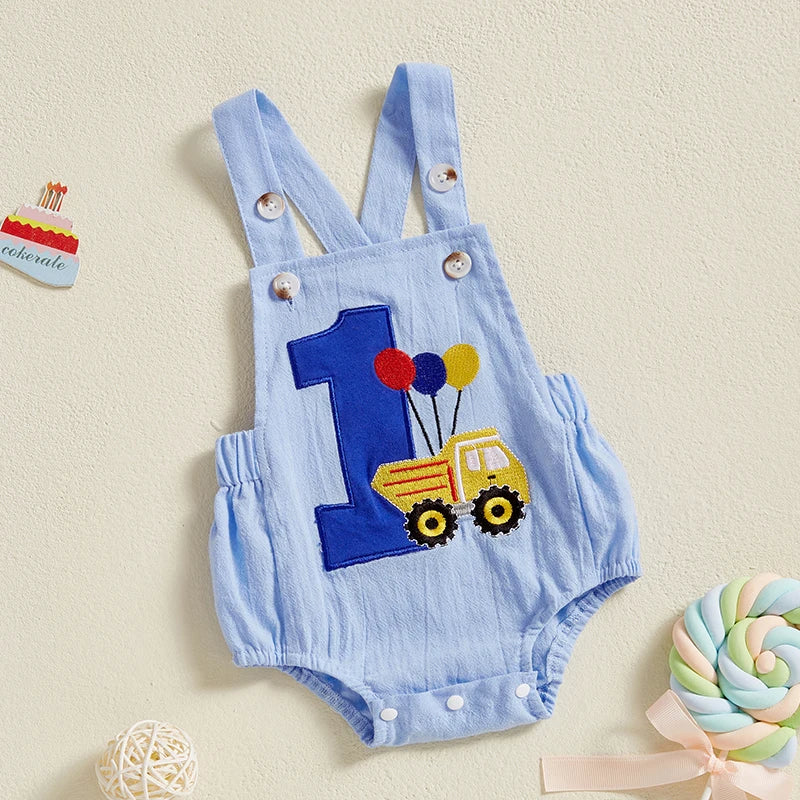 Infant 1st Birthday Denim Jumpsuit with Number Embroidery and Sleeveless Design Square Neck Baby Romper Bodysuit