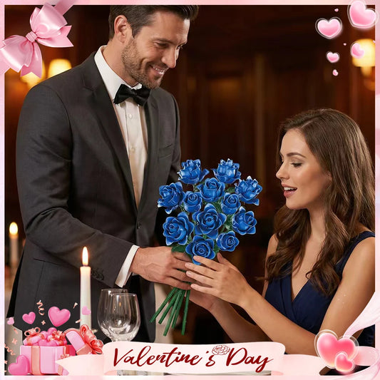 Elegant Blue Roses Bouquet Eternal Building Blocks 585 PCS Valentine's Day Girlfriend DIY Gift MOC Home Decor Ornaments Kids Toy