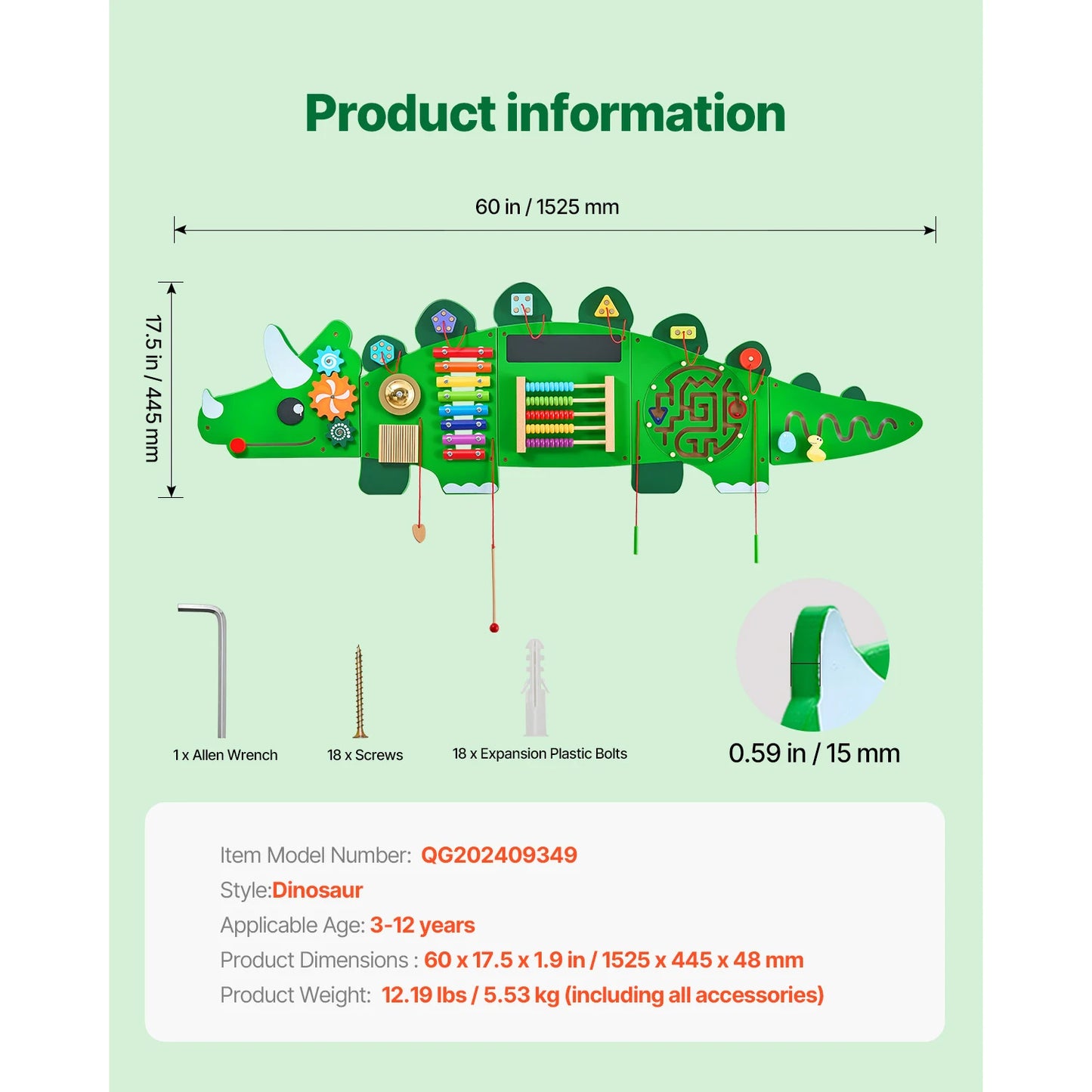 VEVOR Dinosaur Kids Busy Wall Board 11 Activity Panels Montessori Sensory Learning Toys for 3-12 Years Toddler Playroom Toy Gift