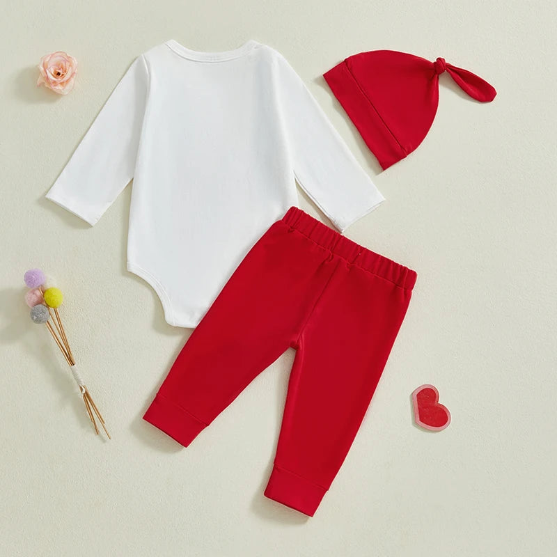 Valentine s Day Baby Boy 3-Piece Set Long Sleeve Romper Heart Pants and Hat with Letter Print Design