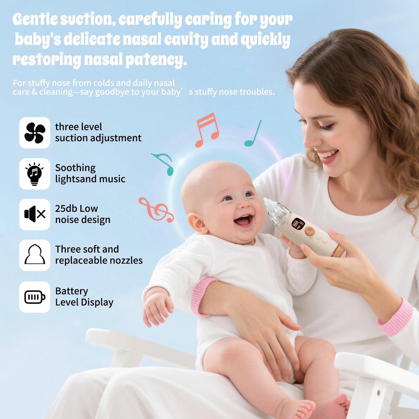 Electric Baby Nose Vacuum Cleaner Adjustable Infant Nasal Aspirator Rechargeable with 3 Silicone Nozzles for Newborns Toddlers