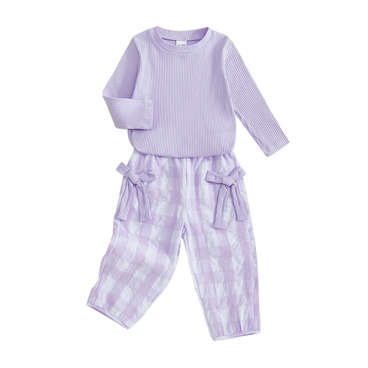 Adorable Baby Girl Autumn Ensemble Cozy Ribbed Sweater and Plaid Pants with Cute Bow Details - 2 Piece Set for Toddlers
