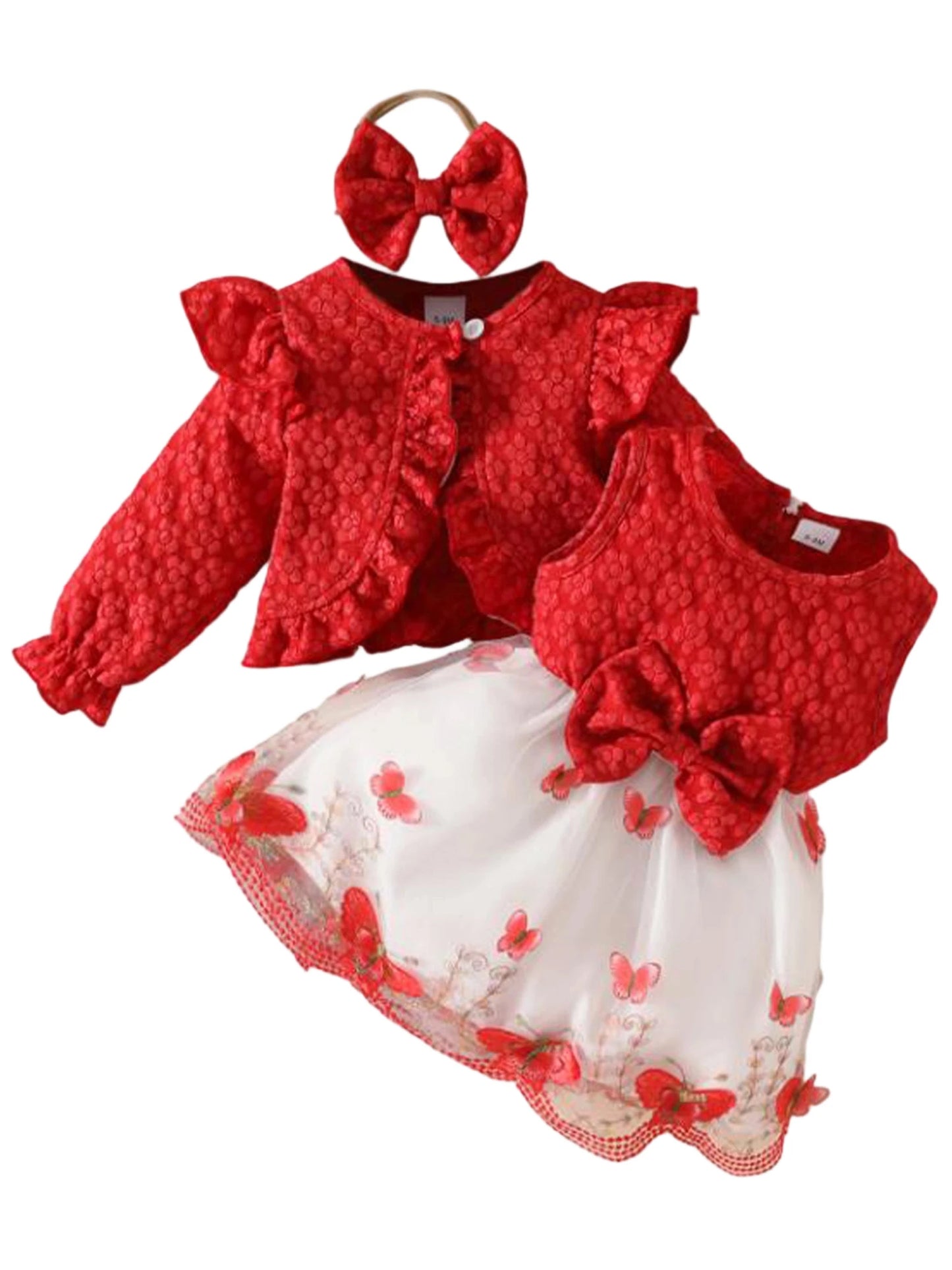 Baby Girl Autumn Outfits Floral Print Ruffle Sleeve Romper Long Sleeve Cardigan Bow Headband 3Pcs Clothing Set