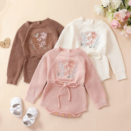Pudcoco Infant Baby Girl Knit Jumpsuit Flower Embroidery Long Sleeve Drawstring Waist Romper for Autumn 0-24M
