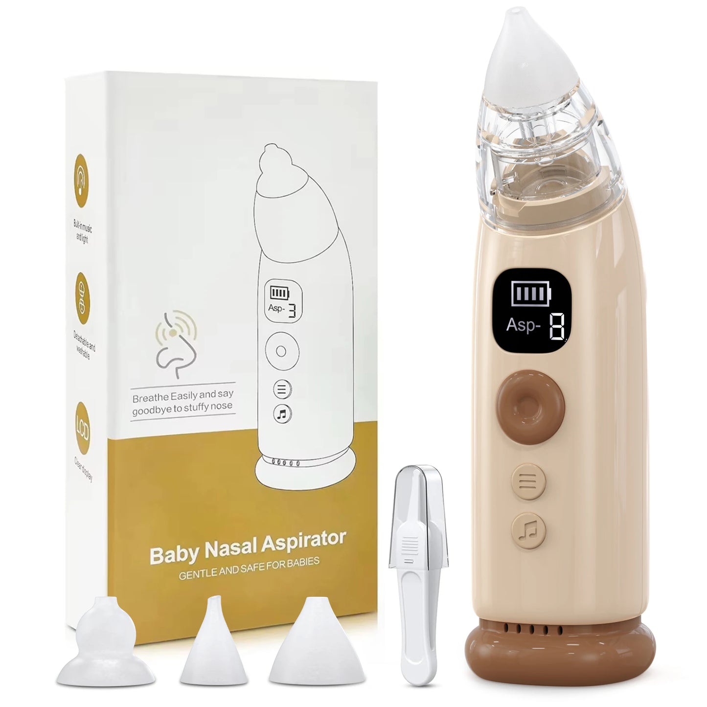 Electric Baby Nose Vacuum Cleaner Adjustable Infant Nasal Aspirator Rechargeable with 3 Silicone Nozzles for Newborns Toddlers