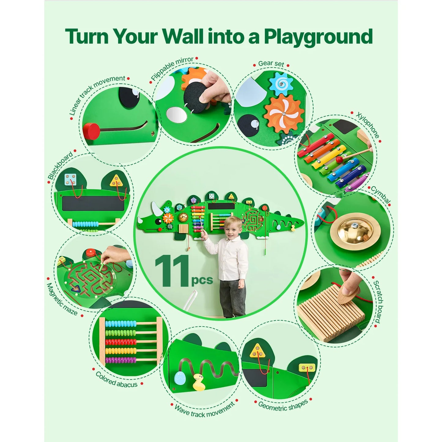 VEVOR Dinosaur Kids Busy Wall Board 11 Activity Panels Montessori Sensory Learning Toys for 3-12 Years Toddler Playroom Toy Gift
