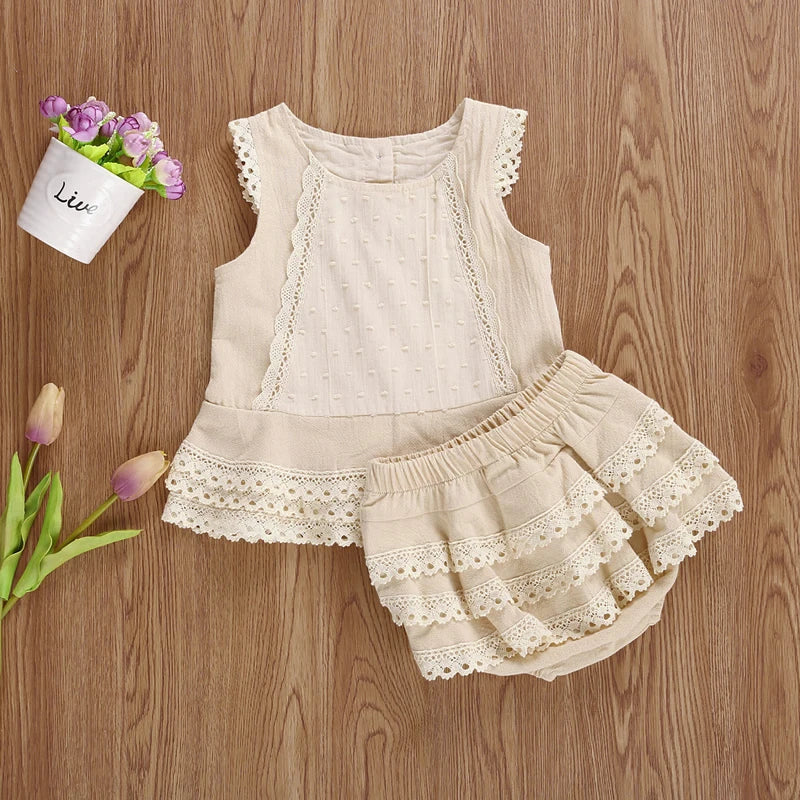 Lioraitiin 0-4Years Toddler Baby Girl Summer Clothing Set Sleeveless Lace Pacthwork Solid Top Shorts 2Pcs Outfit