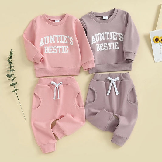 Lioraitiin Toddler Baby Boy Girl Clothes Auntie s Little Bestie Long Sleeve Crewneck Sweatshirt Jogger Pants Set