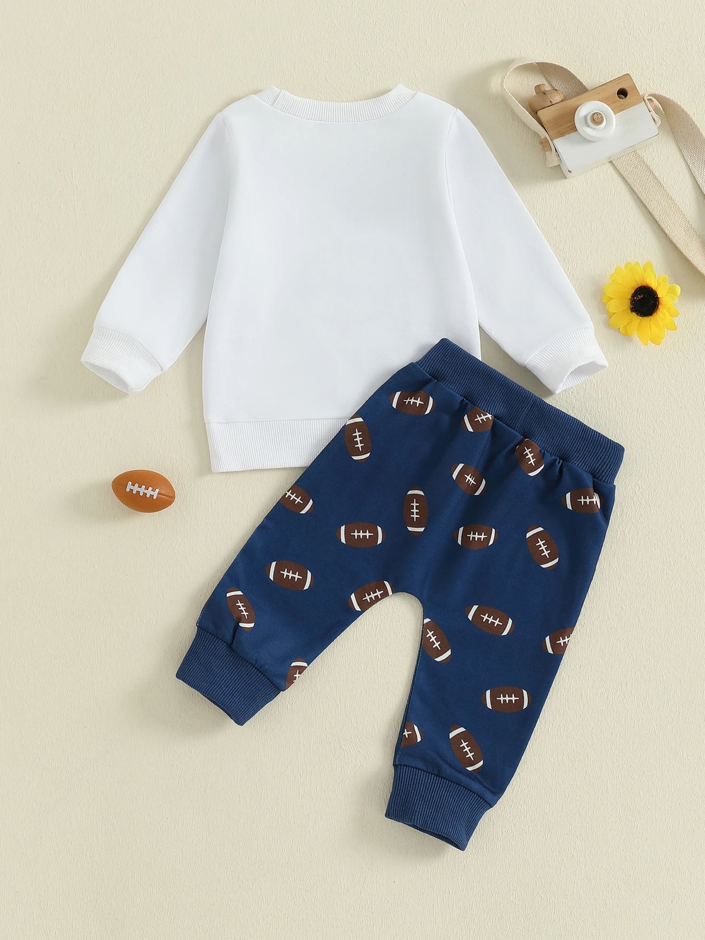Baby Boy Autumn Clothes Set Letter Print Long Sleeve Round Neck Pullover Elastic Waist Football Pattern Pants 2 Piece Outfit