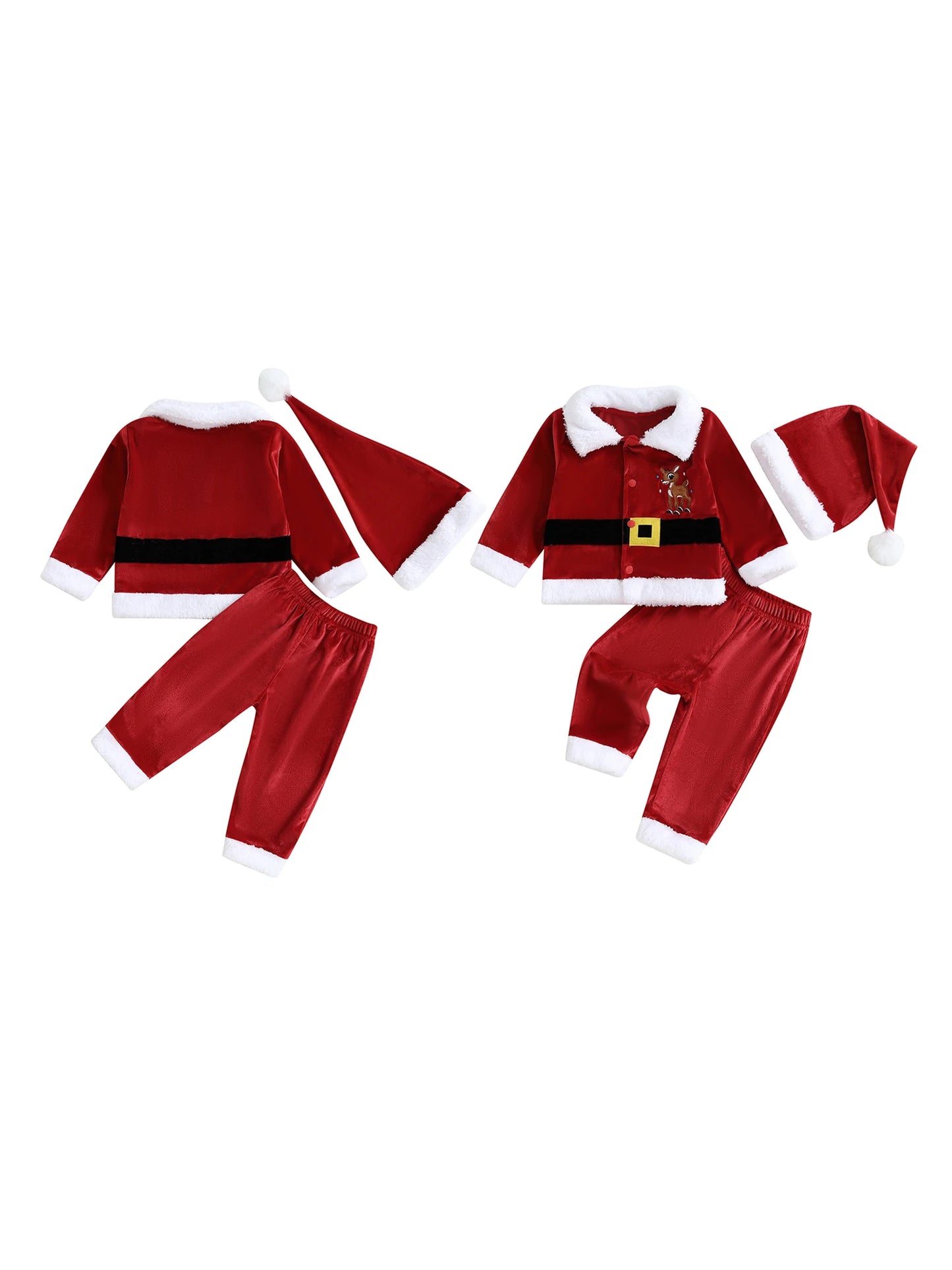 Children s Christmas Santa Velvet Outfit with Reindeer Design Long Sleeve Collar Coat Elastic Waist Pants and Matching Hat -