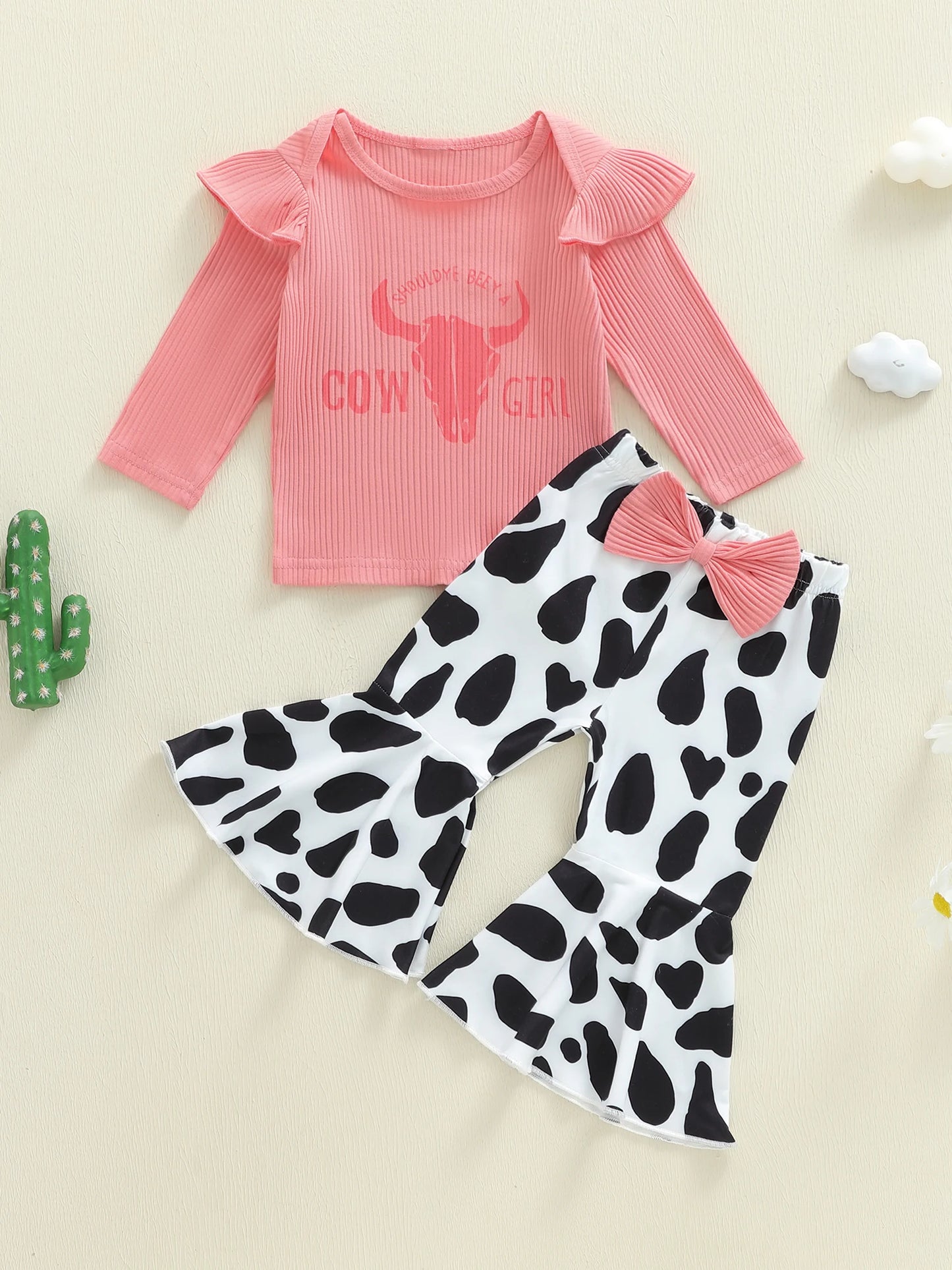 Toddler Girl Fall Outfits Letter Bull Head Print Long Sleeve Round Neck Pullover Elastic Waist Cow Flare Pants 2 Pcs Set