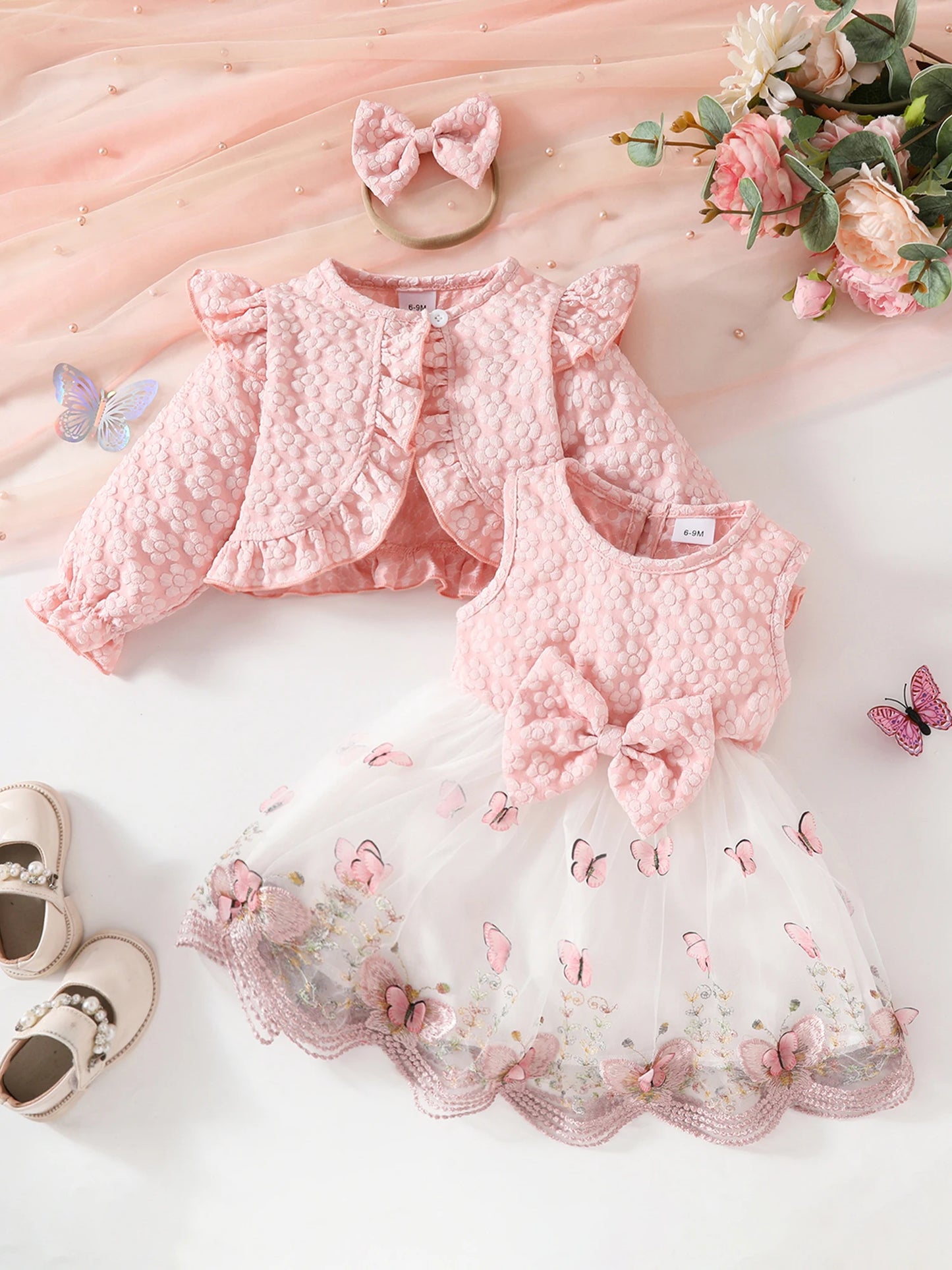Baby Girl Autumn Outfits Floral Print Ruffle Sleeve Romper Long Sleeve Cardigan Bow Headband 3Pcs Clothing Set