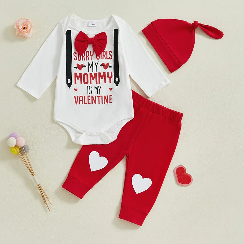 Valentine s Day Baby Boy 3-Piece Set Long Sleeve Romper Heart Pants and Hat with Letter Print Design