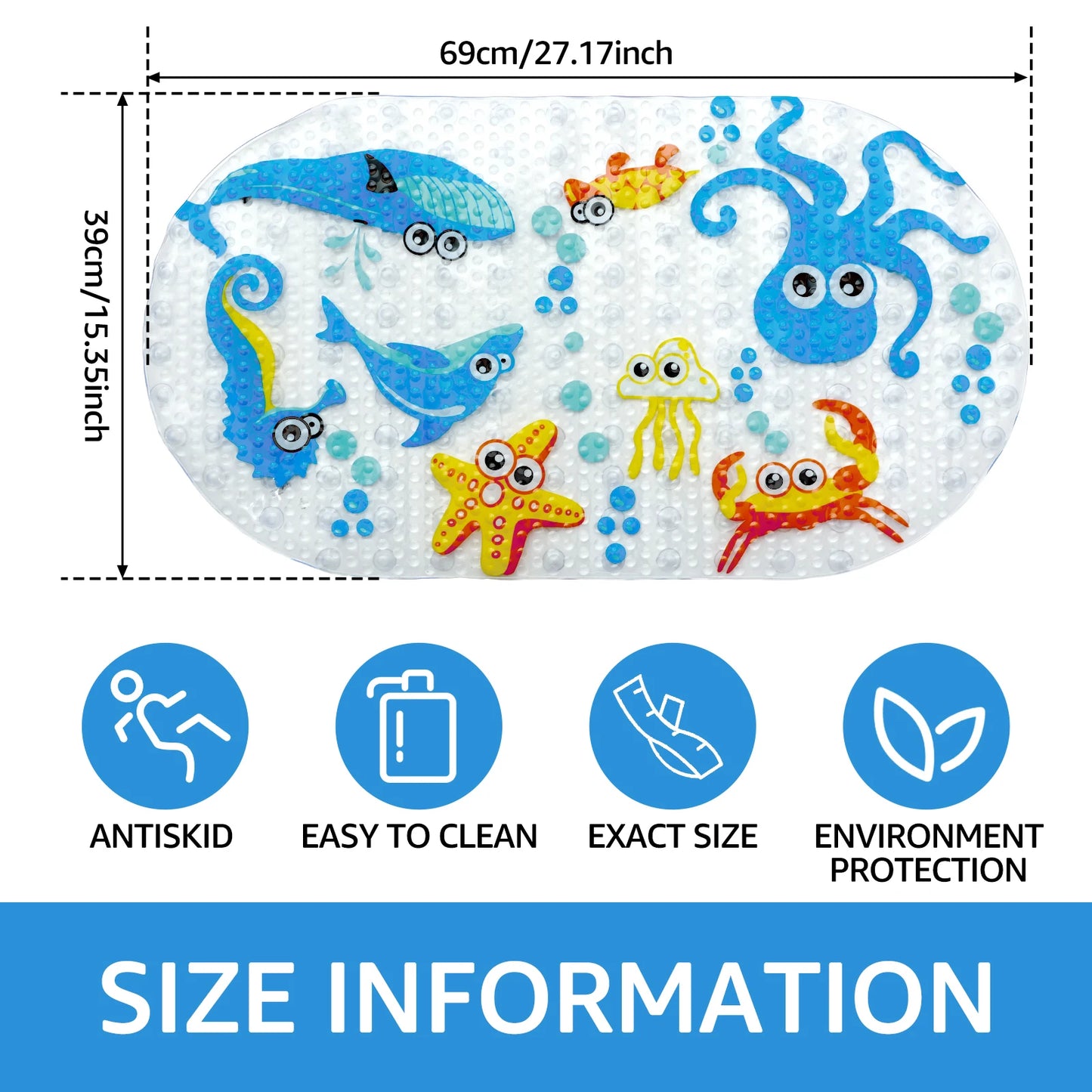 Kids Cartoon Non Slip Bathroom Mat PVC Baby Bath Mat with Suction Cup 69x39cm Oval Baby Bathroom Shower Mat for Household Bath