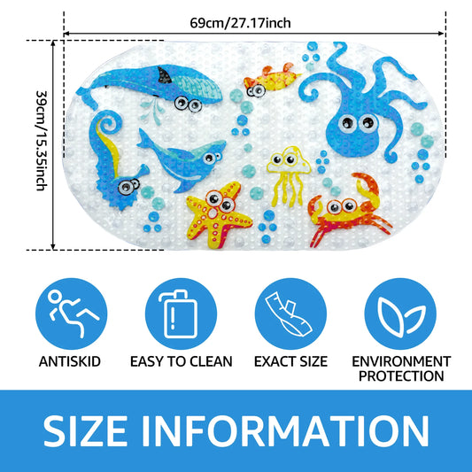 Kids Cartoon Non Slip Bathroom Mat PVC Baby Bath Mat with Suction Cup 69x39cm Oval Baby Bathroom Shower Mat for Household Bath