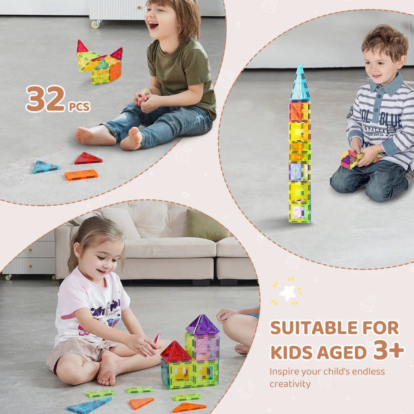 SucceBuy 32PCS Light Magnetic Tiles Building Blocks Magnet Educational STEM Sensory Stacking Toys for Toddlers Boys Girls Gifts