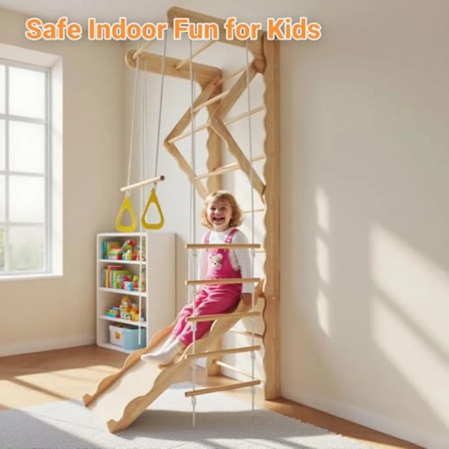 5in1 Wooden Indoor Jungle Gym for WallMounted Swedish Ladder with PullUp Bar Rings Swing and Slide MontessoriInspired Playset f