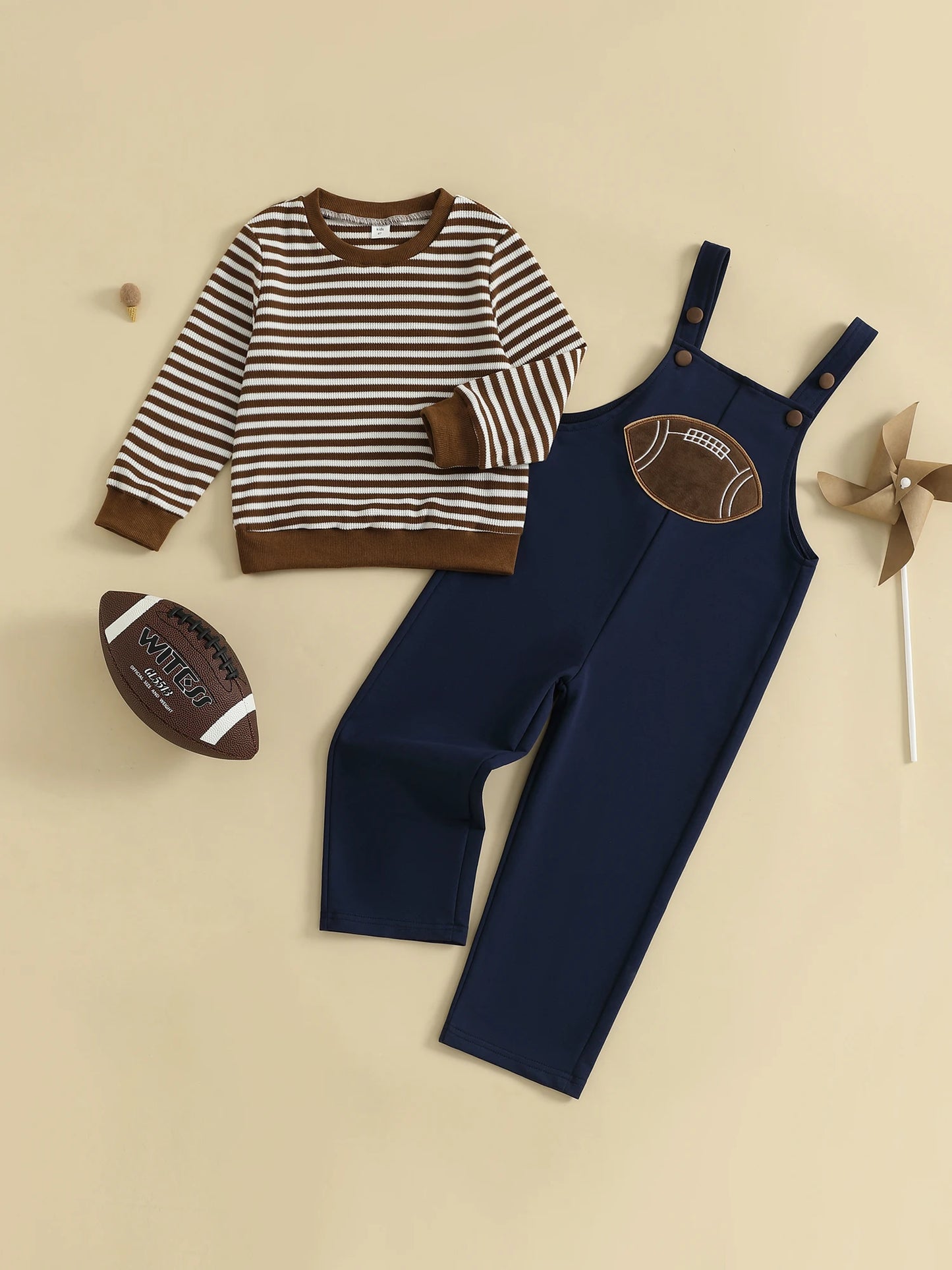 Baby Boy Autumn Clothing Set Striped Long Sleeve Sweater Round Neck Embroidered Overalls Pants 2-Piece Outfit