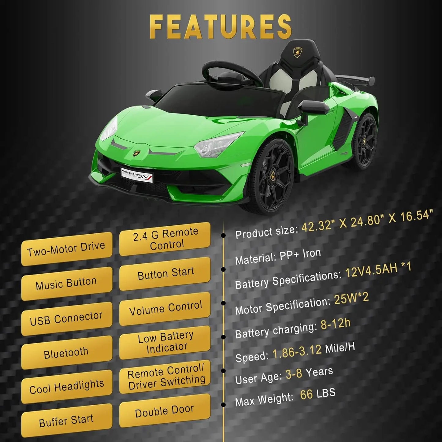 Kids Electric Car 12v Ride on Toys with Parent Remote 2-Speed Modes Engine Sounds & LED Lights Auto Doors for Boys & Girls