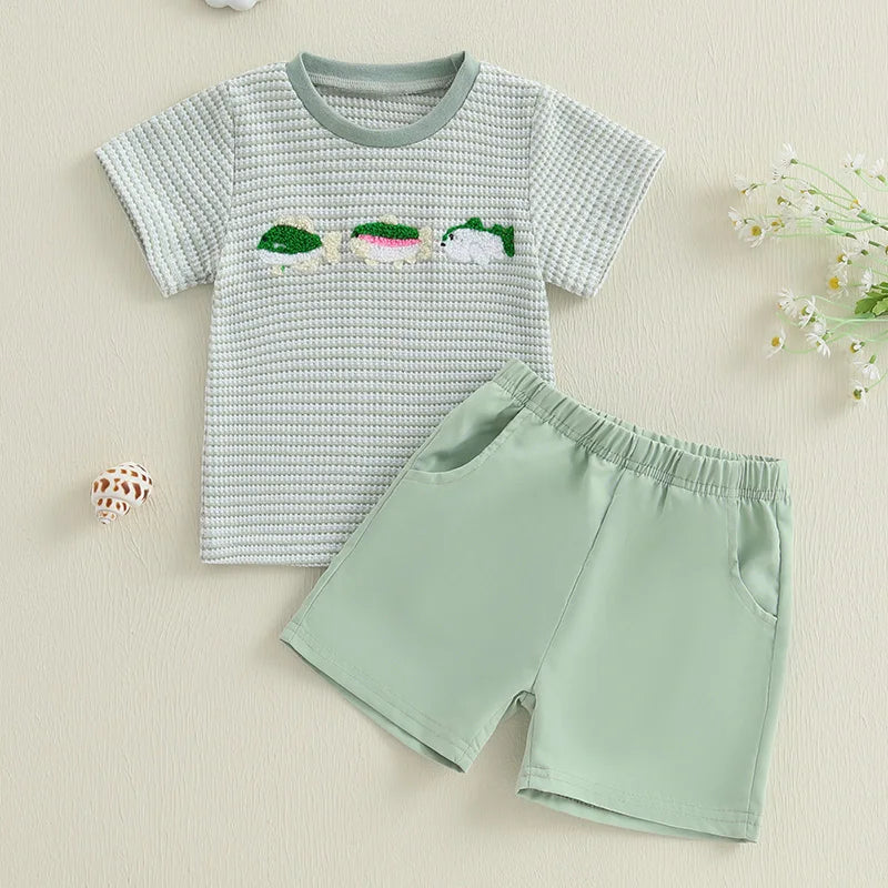 2024-12-17Lioraitiin Toddler Baby Boy Shorts Set Fish/Duck Embroidery Short Sleeve T-shirt Solid/Plaid Shorts 2 Piece Summer Set