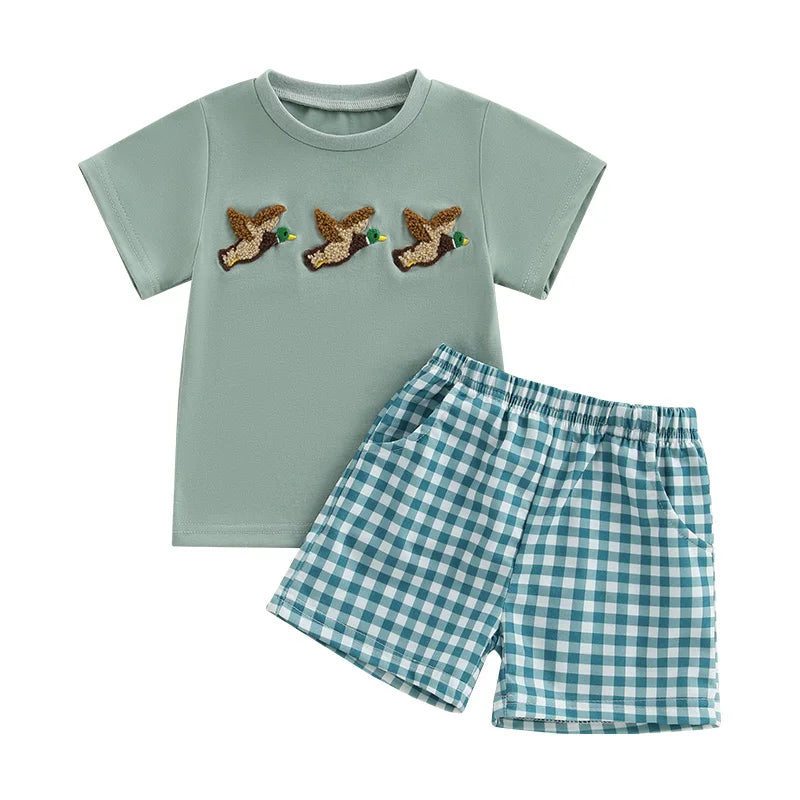 2024-12-17Lioraitiin Toddler Baby Boy Shorts Set Fish/Duck Embroidery Short Sleeve T-shirt Solid/Plaid Shorts 2 Piece Summer Set