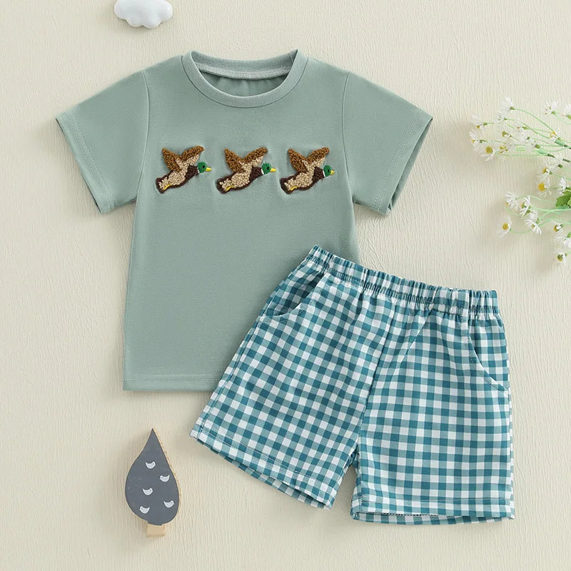 2024-12-17Lioraitiin Toddler Baby Boy Shorts Set Fish/Duck Embroidery Short Sleeve T-shirt Solid/Plaid Shorts 2 Piece Summer Set