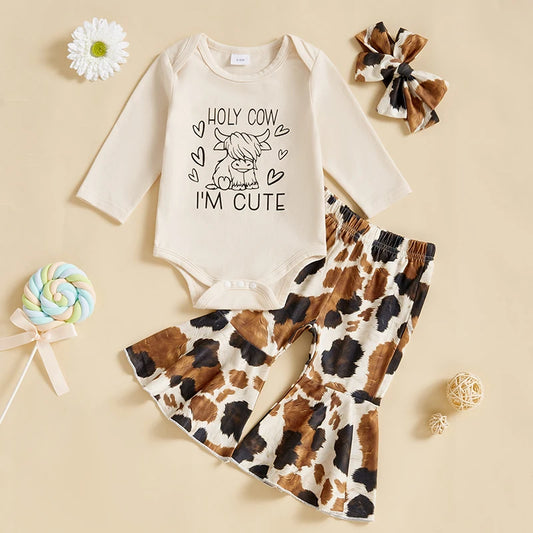 2024-10-23 Lioraitiin 0-18M Baby Girl Fall Outfits Letter Cow Print Long Sleeve Romper Flare Pants Headband 3Pcs Clothes Set